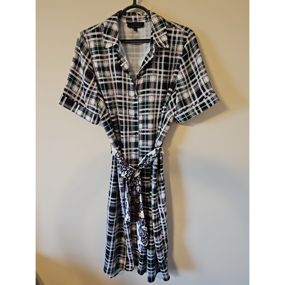 Eloquii Shirt Dress Women 14 Black Plaid Floral Mixed Media Career Tie Waist
